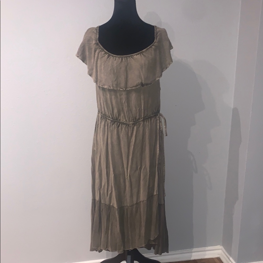 Tan and Cream Ruffled Tiered Midi Sundress